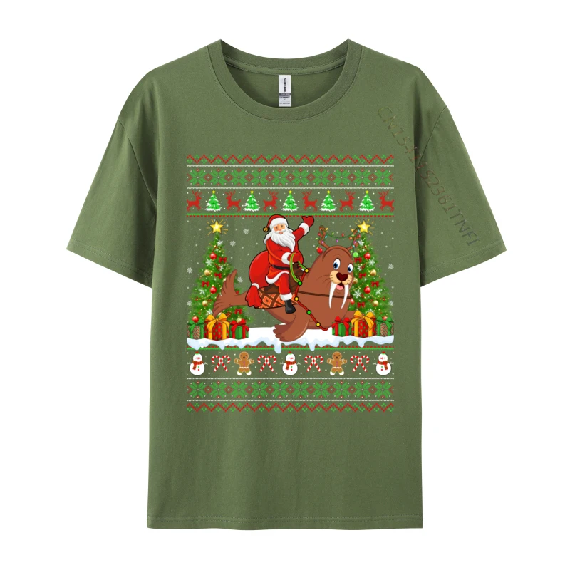 Walrus Xmas Sweater Ugly Santa Riding Christmas T-Shirts Man Retro Cotton Adult Sweatshirts