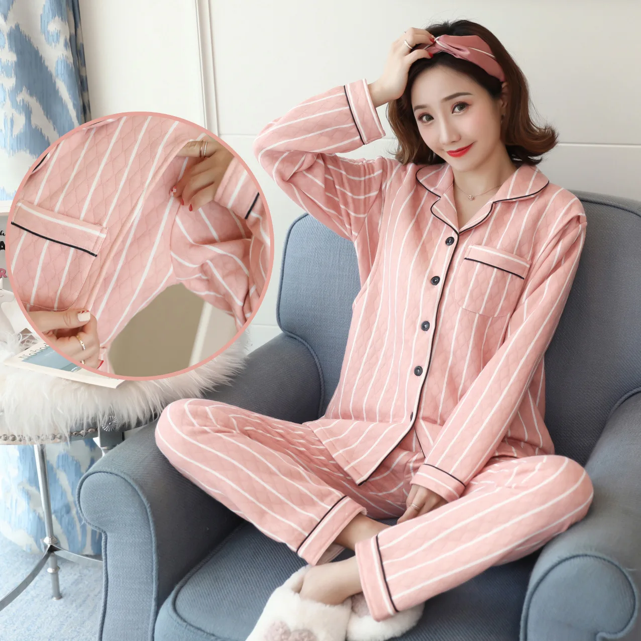 

Простота внешняя новая печать Женская Пижама ночная рубашка комплект домашние размеры пижамы хлопковая свободная одежда Домашняя одежда 3XL Женская плюс полосатая