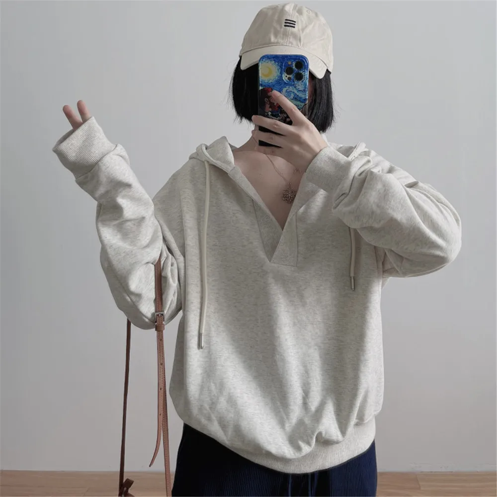 

Hoodie Women's Loose V-neck Pullover Top Grey Hooded Sweater New Japan Korean Teen Clothes Casual Autumn Spring 2022 Top