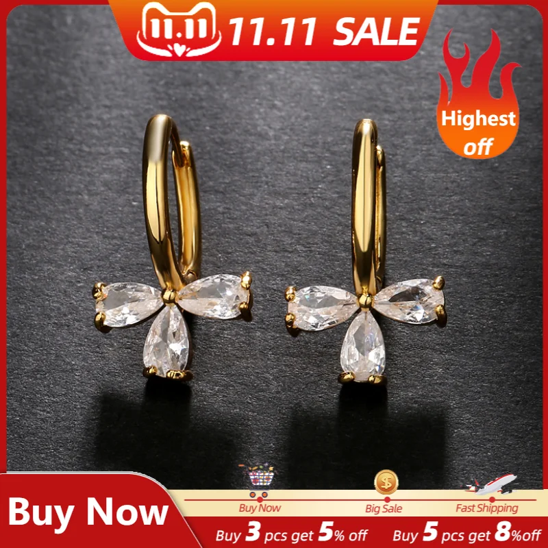 

JUNZI New Simple Flower Hoop Earrings Charm Water Drop Zirconia Earring for Women Girls Gold Color Bridal Wedding Party Jewelry