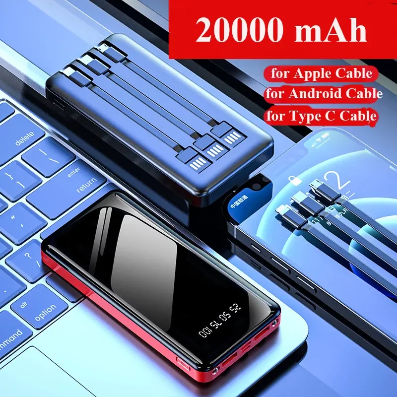 

2023New 20000mAh Power Bank For iPhone 12 Powerbank with Cable Portable Charger External Battery Pack Power Bank