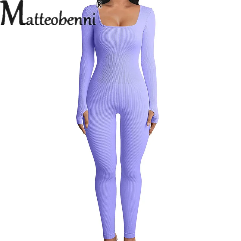 Sexy Slim Fit Threaded Jumpsuit Hip Lift Women's Clothing Autumn Winter Solid Color American Style Square Neck Bodysuit Female