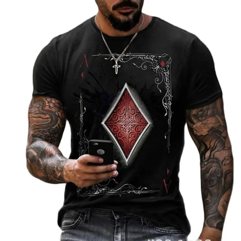 

2022 Summer Street Fashion Playing Cards Lattice Square A 3D T-Shirt Men's Large Size Casual Short Loose Pullover T-Shirt