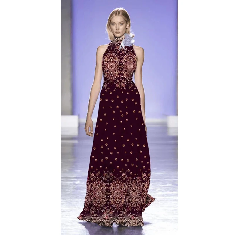 

RMZM High Street High Waist Print Dress Sleeveless Slim Fit Floor Length Dresses Women's Dresses House Party