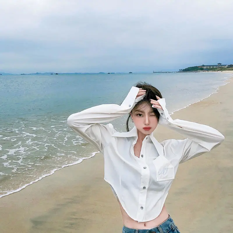 

Women Elegant Clothes Shirts Female Loose Solid Color Shirt Style Turn-down Collar Pockets Tops Ladies All-match Clothes G124