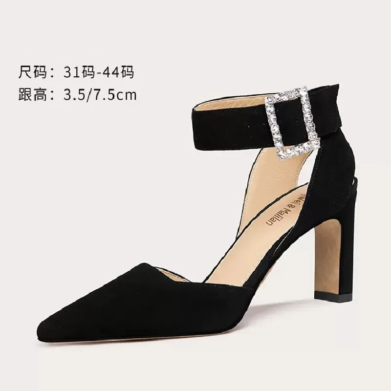 

Spring/Summer New Pointed Suede Water Diamond Button Sandals with Thick High Heels Banquet Dress Large and Small Women's Shoes