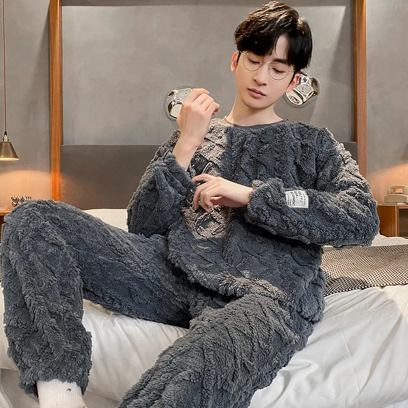 2022 Winter men's pajamas with fleece and thickened men's pajamas suit large size home wear coral fleece suit