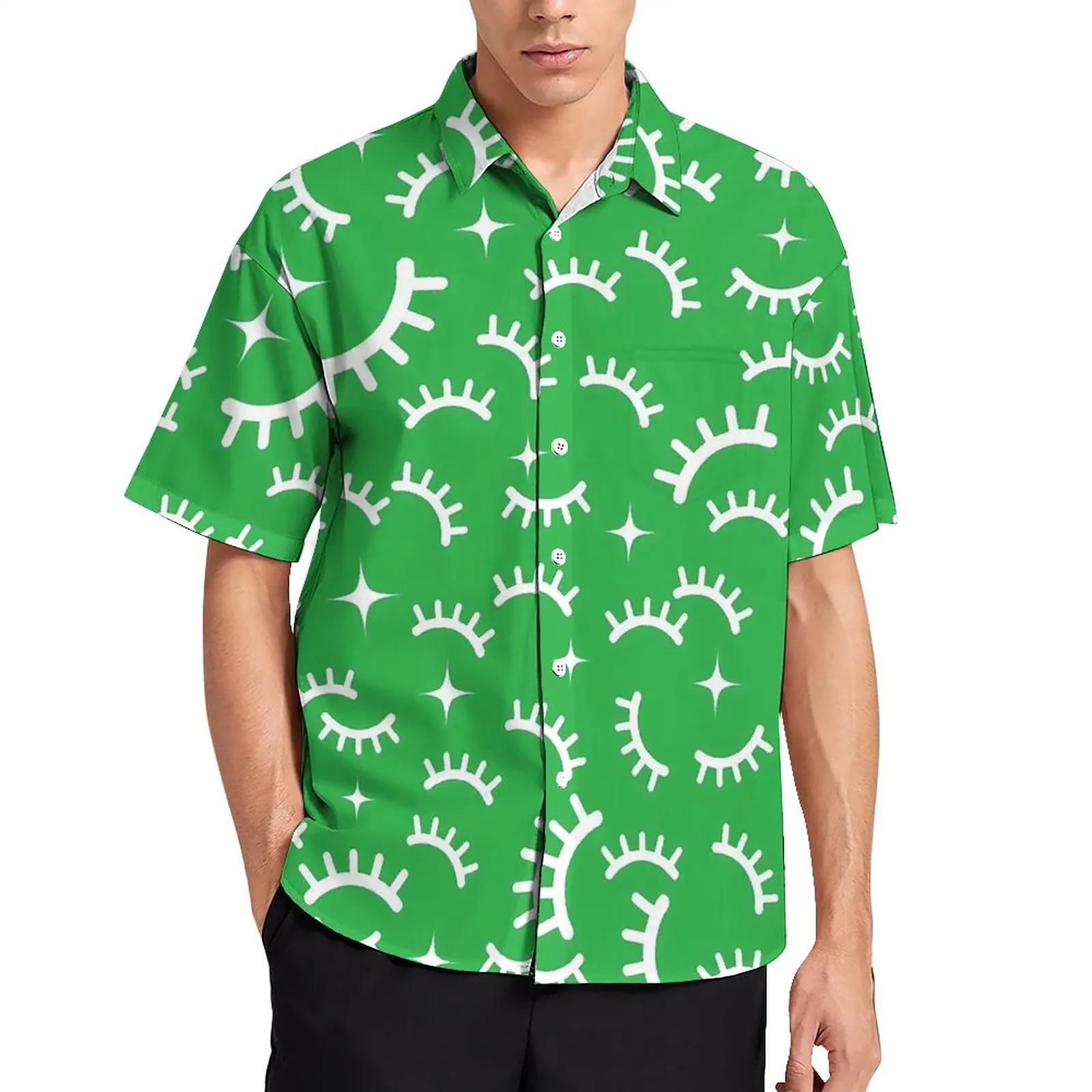 

Eyelashes Print Blouses Male White And Green Casual Shirts Hawaiian Short Sleeve Design Aesthetic Oversize Beach Shirt Gift