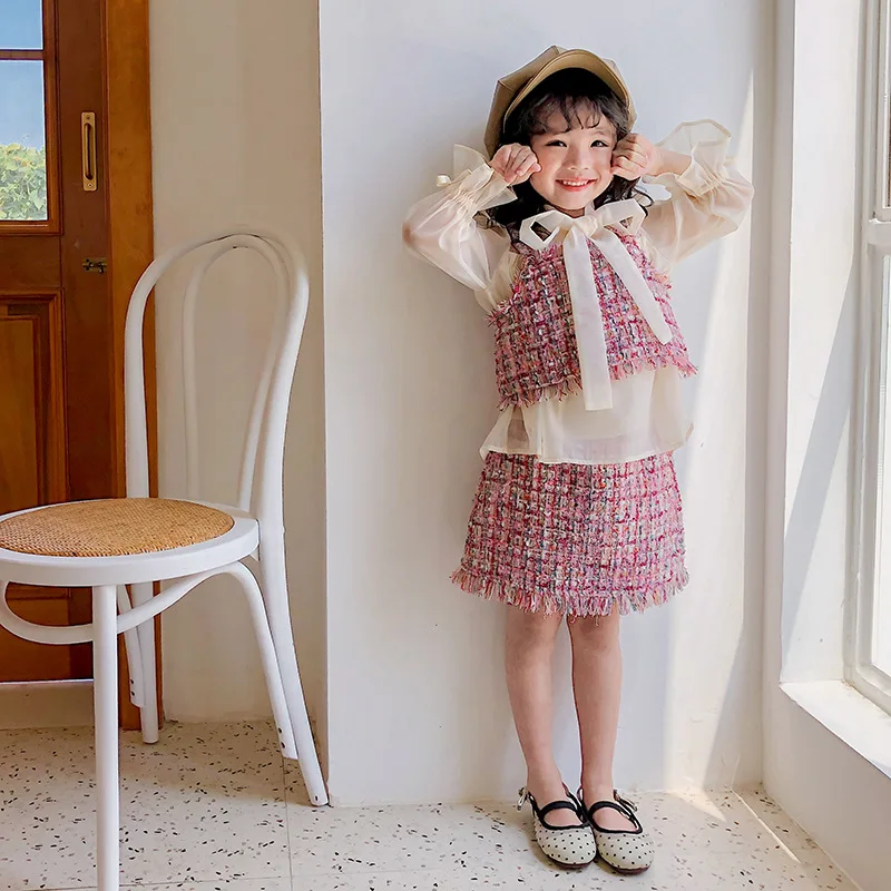 

Spring Autumn Children Brand Clothes Fashion Girls 2 Pcs Set Baby Crop Vest + Skirt Kids Suits Gunny Pearl Tassel 2 To 7 T