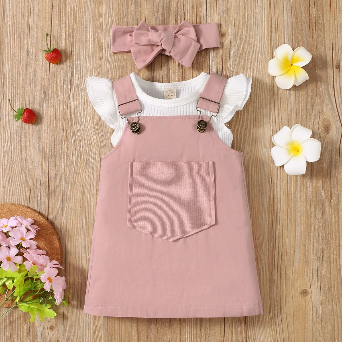 

Hibobi Baby Girl 3 Pieces Solid Bodysuit & Suspenders Dress & Headb