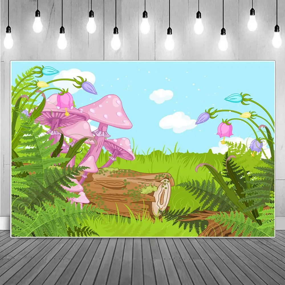 

Children Spring Outing Photography Backdrops Birthday Decoration Girls Pink Mushroom Flower Green Grass Studio Photo Backgrounds