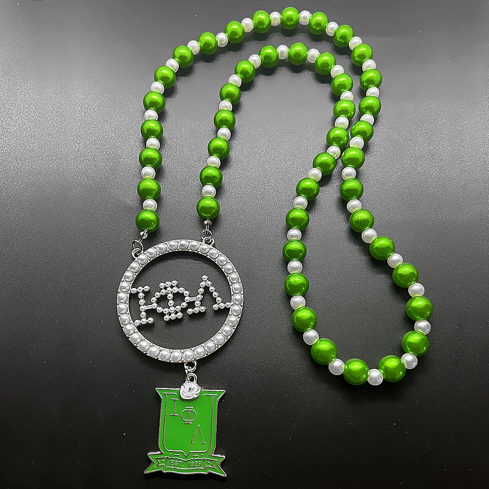 

Green Greek letter sorority IOTA PHI LAMBDA society enamel metal Badge Pendant Femininity Pearl chain necklace
