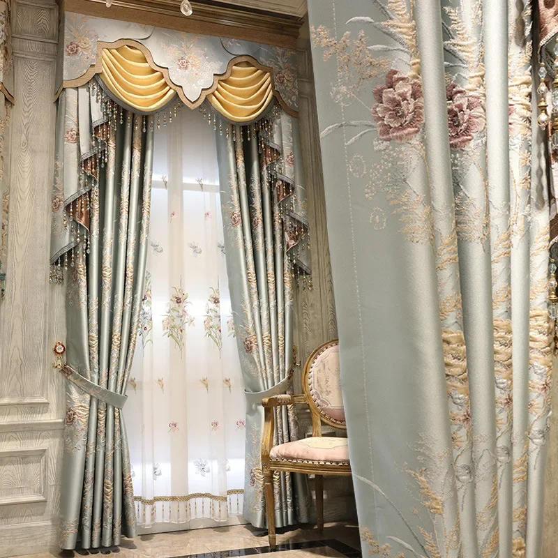 

Жаккардовая ткань в Европейском стиле, тисненые занавески для гостиной и виллы, американские свежие готовые шторы и тюль