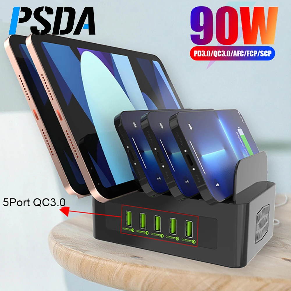 

PSDA 5-Port 90W Multi QC3.0 Charger PD 18W USB C Charging Station with Stand for Samsung Huawei iPhone iPad Smartphone Tablets