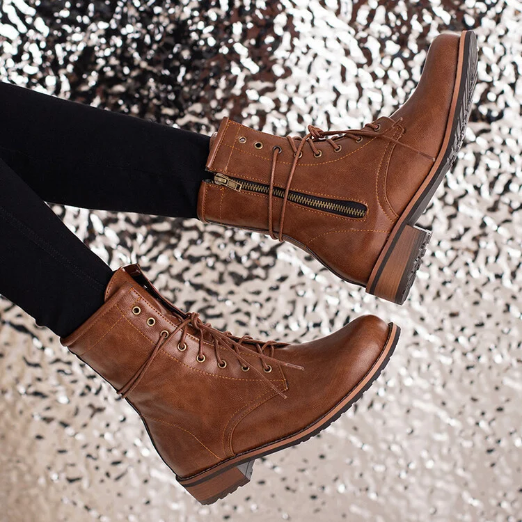 2023 New Retro Martin Boots Low Heels Women Round Toe Ankle Boots Fashion Side Zip Lace Up Short Knight Boot Female Shoes