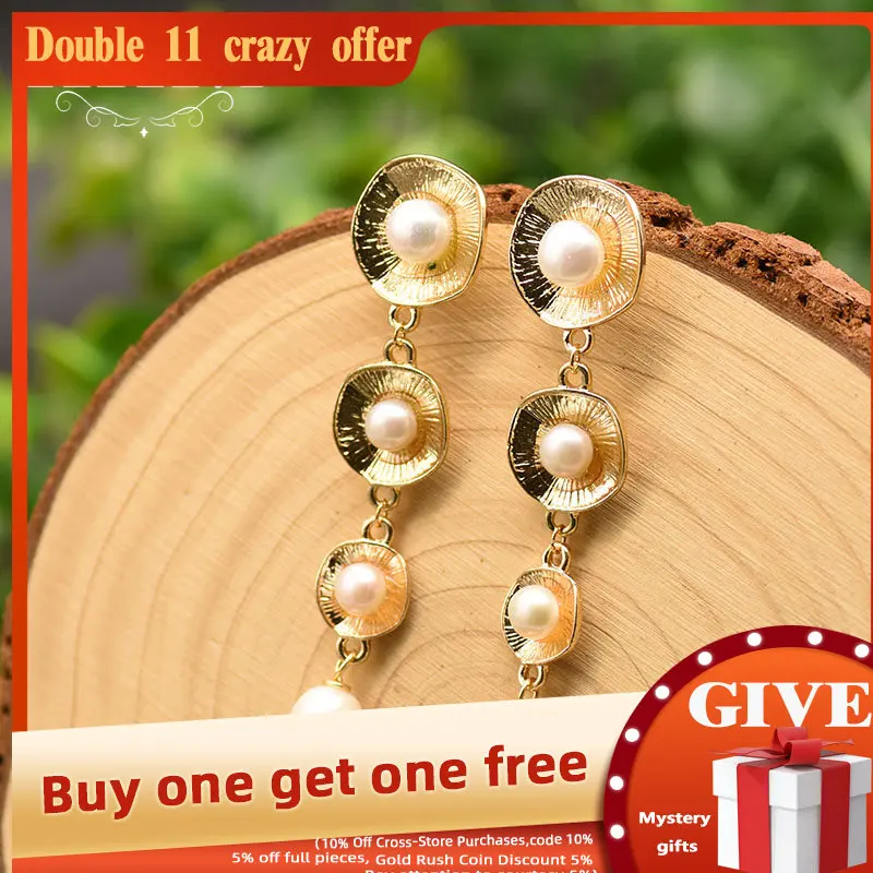 

GLSEEVO Fresh Water White Pearl Vintage Long Minimalist Earrings For Women Luxury Handmade Fine Jewelry Pendientes Mujer GE0845