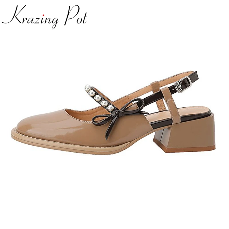 Krazing Pot ins cow leather shallow med heels buckle straps square toe spring summer butterfly-knot pearl beading women pumps