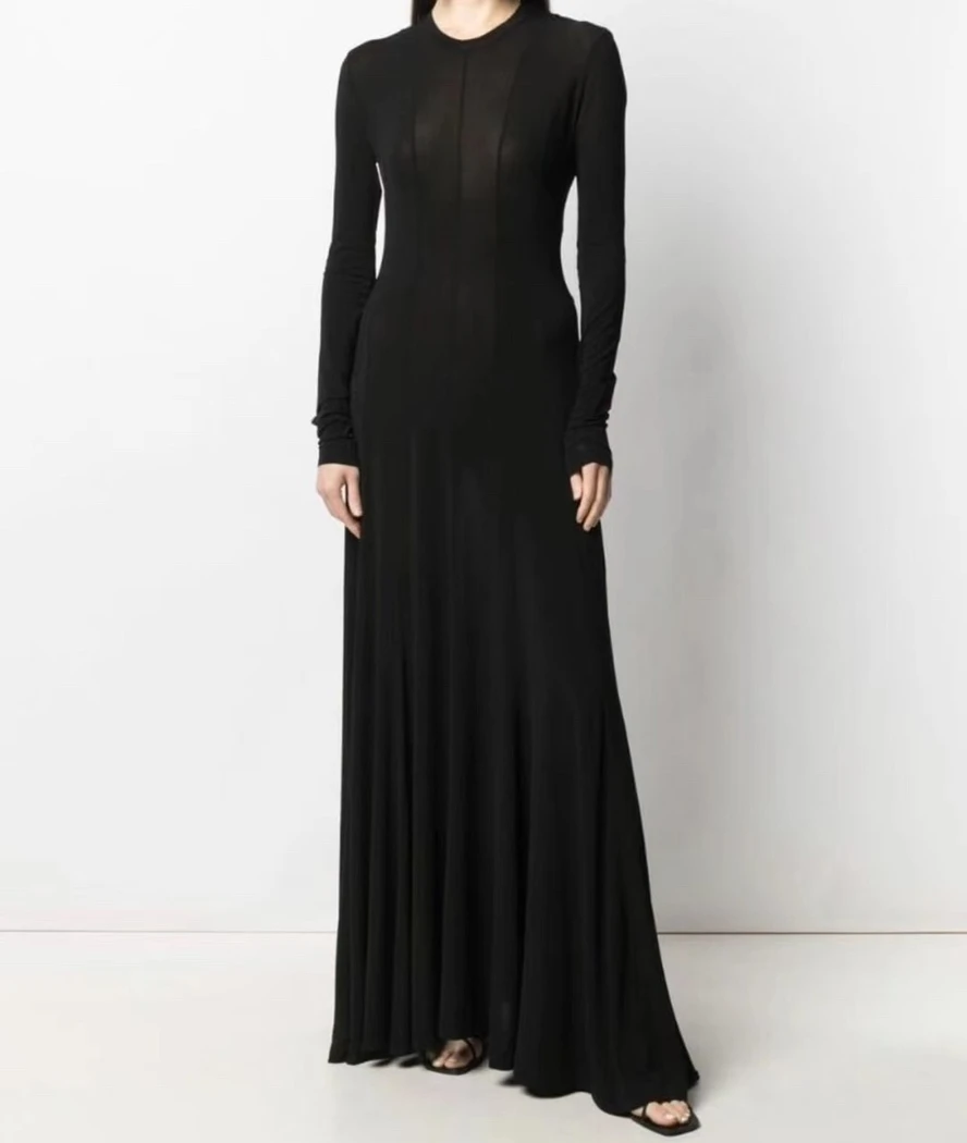 

2022 Spring Viscose Backless Elegant Black Long Woman Dress