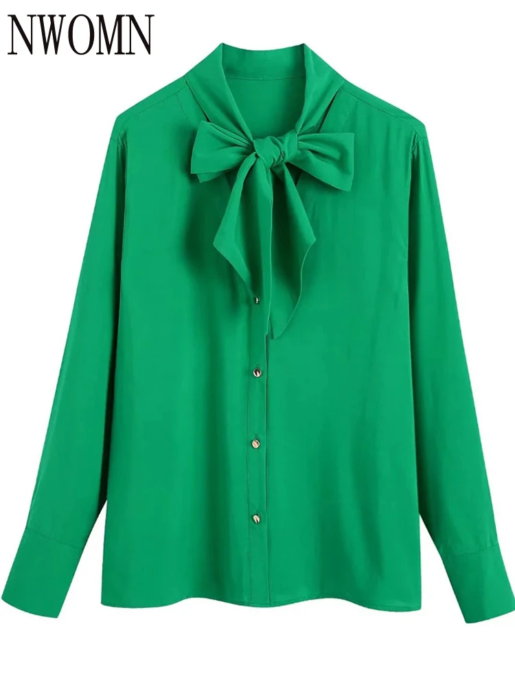

NWOMN 2022 зеленый топ, Женская Весенняя рубашка с бантом, блузки на пуговицах, Женская Повседневная рубашка с высоким воротником, женская блузк...