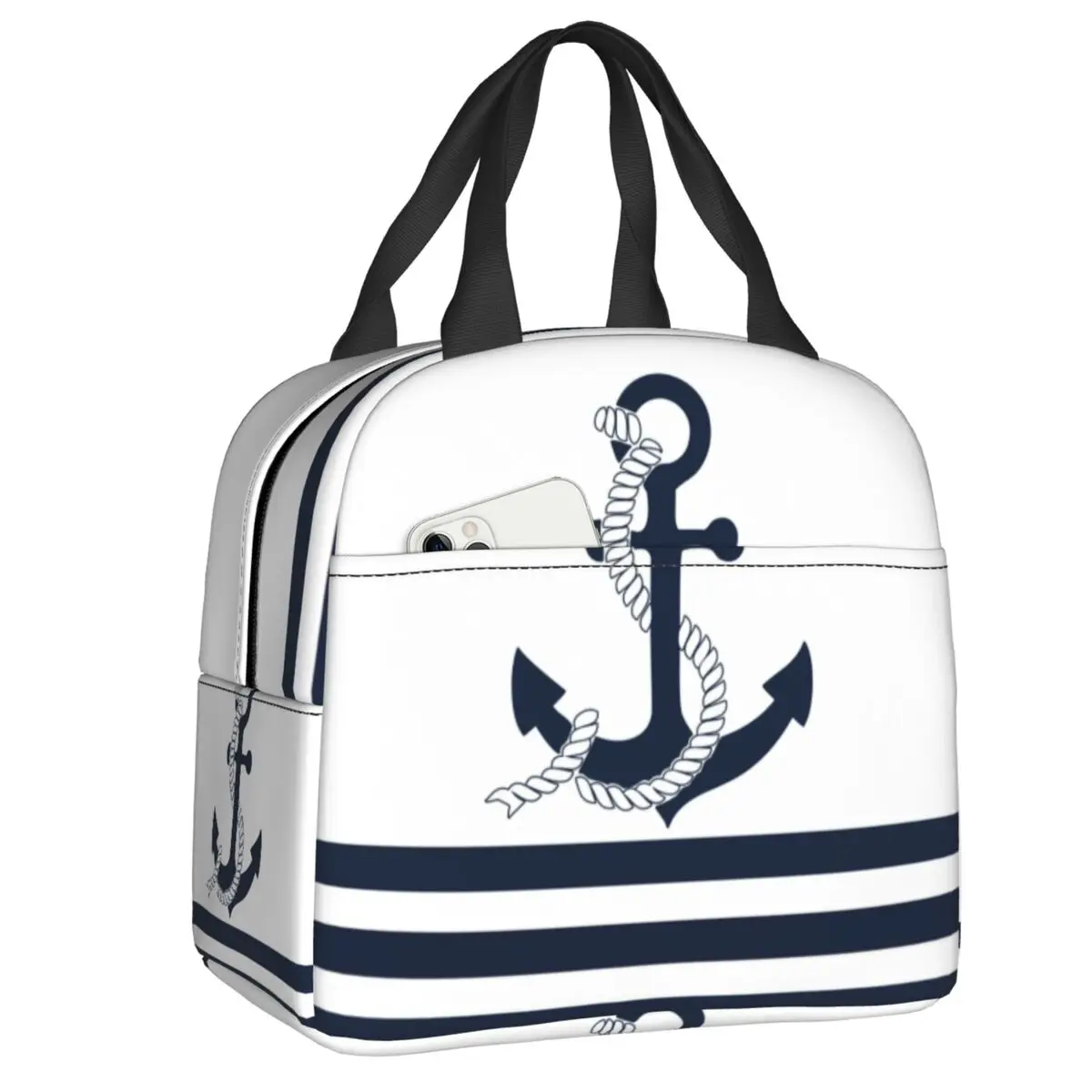 

Nautical Blue Anchors With Blue And White Stripes Thermal Insulated Lunch Bags Sailing Sailor Resuable Multifunction Food Box