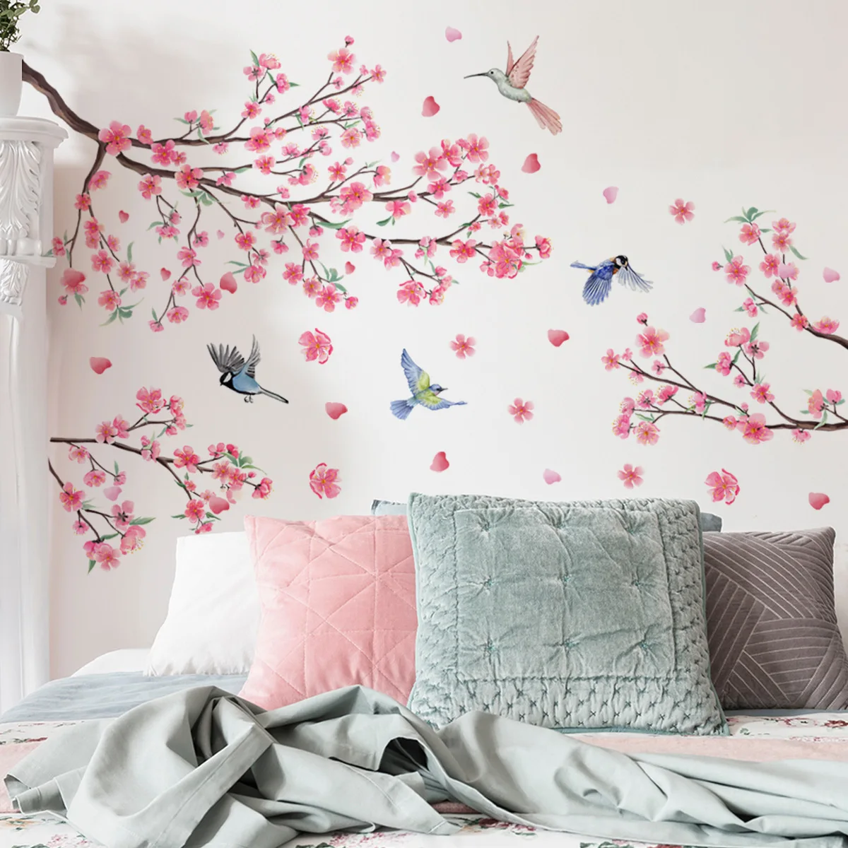 

2pcs Branch Bird Peach Blossom Wall Stickers Background Wall Living Room Home Decorative Wall Stickers Creative Wallpaper Ms2284