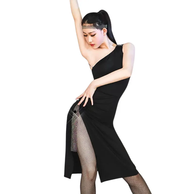 

Танцевальное платье для латиноамериканских соревнований, стандартный костюм, сексуальная сценическая одежда без рукавов с одним плечом для выступлений и выступлений, летнее праздничное платье