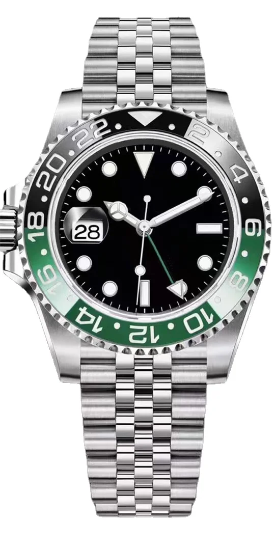 

Mens Left-Handed 40mm Independent GMT Black Green Ceramic Bezel Stainless Steel Mechanical Automatic Watch Luminous