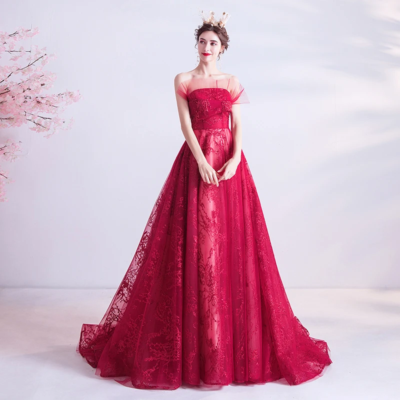

Red Strapless Luxurious Evening Dress Empire Sleeveless Pleat Floor-Length Appliques A-Line Plus Size Women Formal Gowns TS106