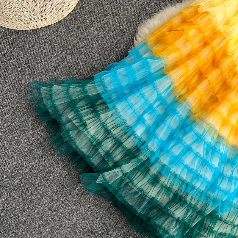 Весенне-летняя Волшебная Радужная градиентная длинная сетчатая юбка милые