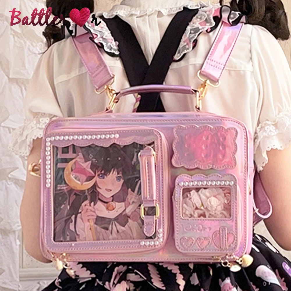 Lolita Anime Ita Backpack for Women Japanese Preppy Style Kawaii Laser Leather Shoulder Bag Women Transparent Large Capacity Bag