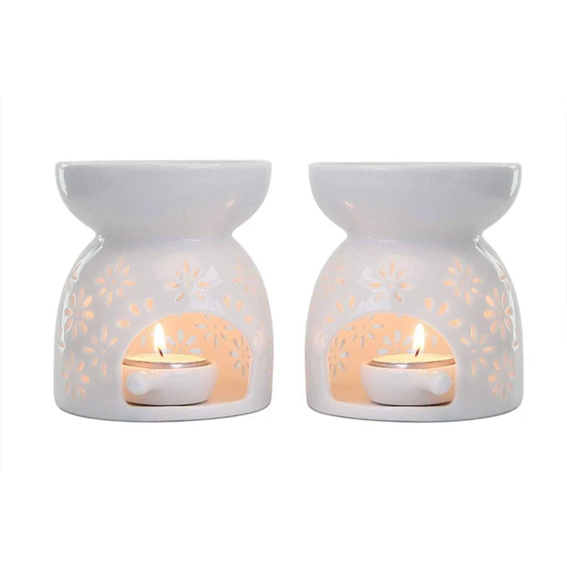 

Ceramic Tealight Candle Holder Oil Burner, Essential Oil Incense Aroma Diffuser Furnace White Set Of 4 - Floral Pattern