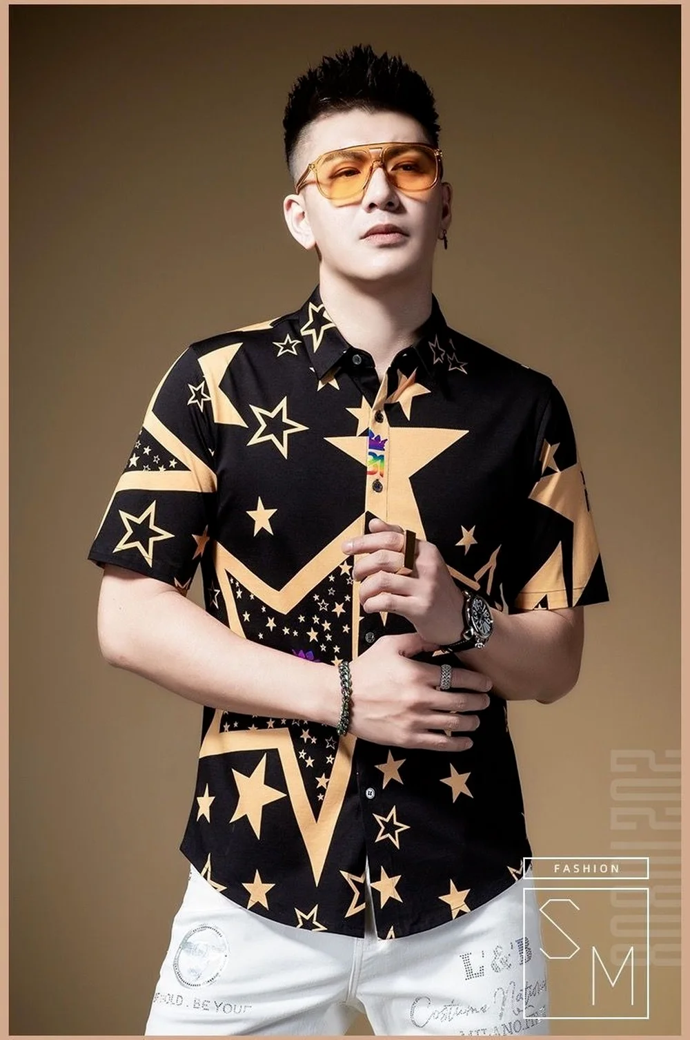 Men's Five-pointed Star Print Short-sleeved Shirt, Hong Kong Style Casual Men's Shirt, Men Fashion Clothing Trends Summer Shirts