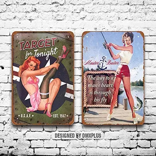 

Metal Sign (Set of 2) The Way to a Man's Heart is Through His Fly Fishing Sexy Pinup Girl Vintage Look Wall Decoration