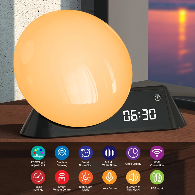 

Smart Wake Up Light Time Clock with Built-in 15 White Noise Night Light Smart Life Tuya APP Works with Alexa Google Home