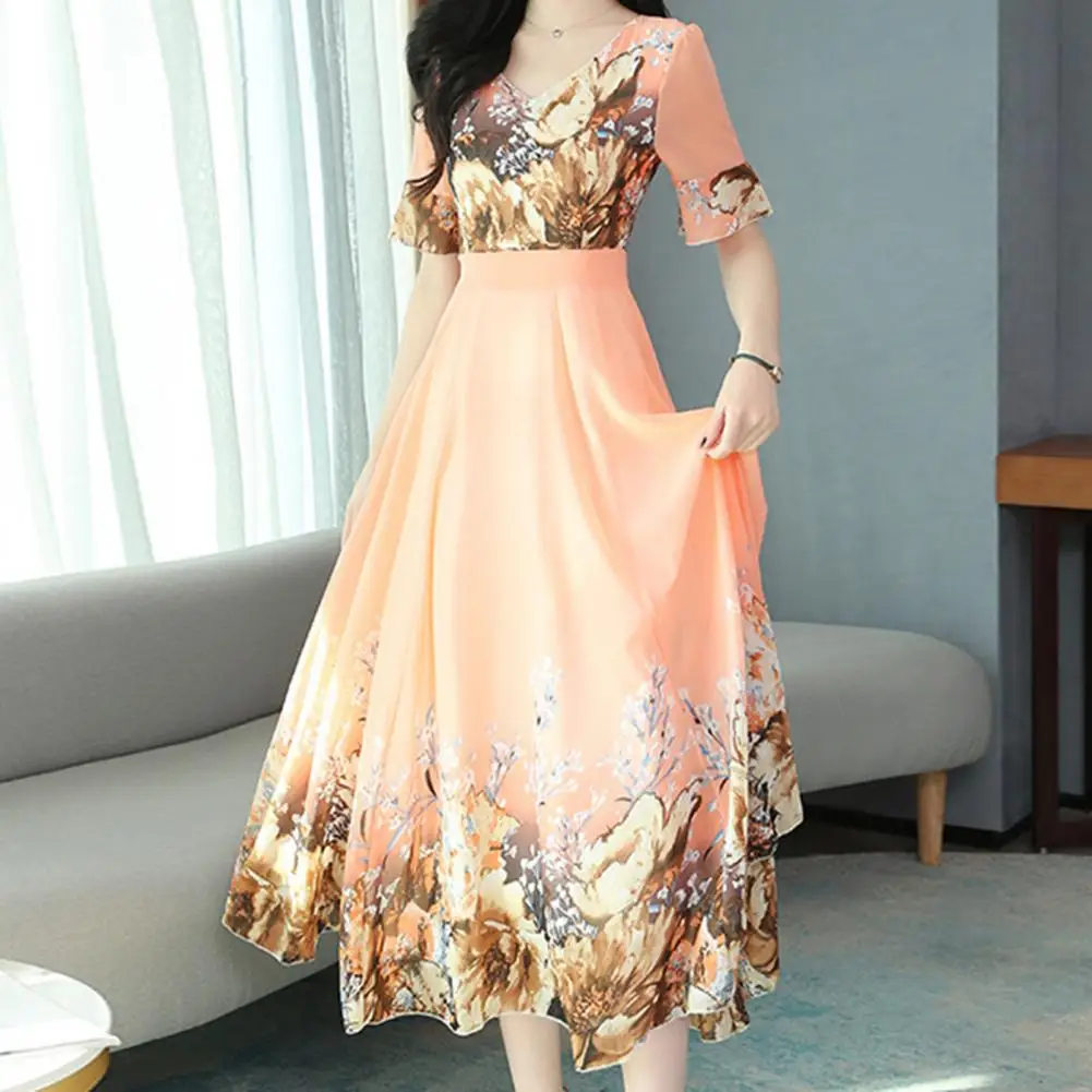 

Floral Print Short Sleeve V Neck Summer Dress Fashion Anti-pilling Summer Dress Breathable Quick-dry Polyester Long Dress