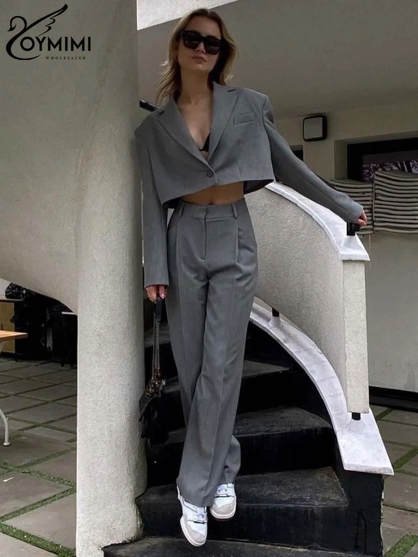 

Oymimi Fashion Grey Office 2 Piece Sets Women Outfit Elegant Long Sleeve Single Button Crop Shirts And Straight Trousers Sets