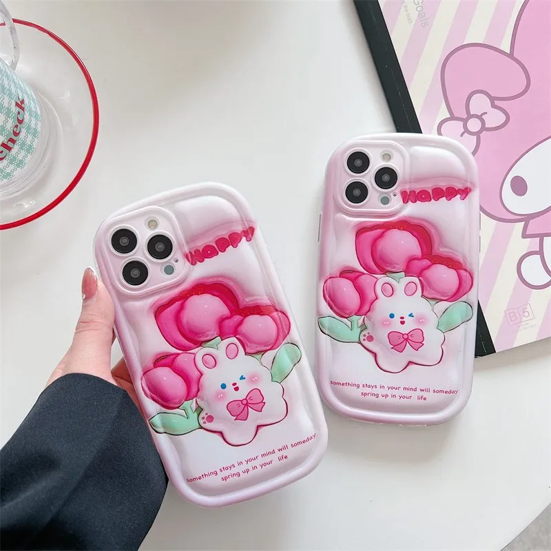 

Cute Three-dimensional Cartoon Animal Flower Rabbit Phone Cover Case For Iphone 14 13 12 11 Pro Max Anti-fall Soft Coque Fundas