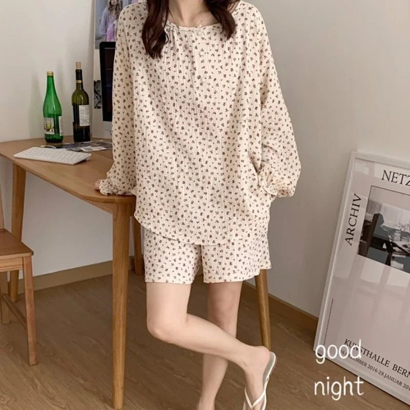 Qweek Women's Pajamas Cotton Home Suit Pyjamas Summer 2021 Korean Pijamas Sleepwear Buttons Printing Pj Set Kawaii Homewear