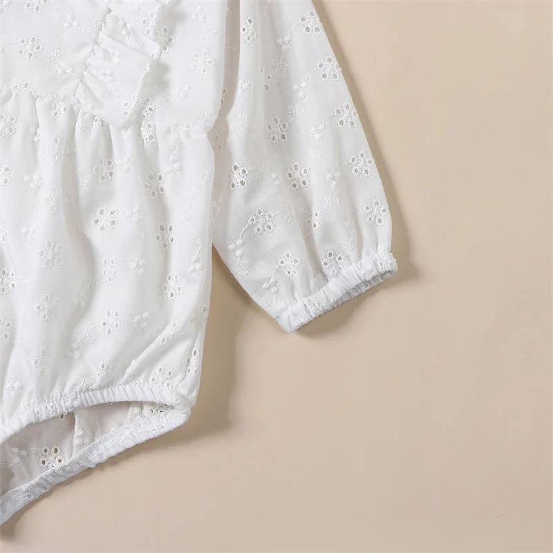 

Infant Baby Girl Jumpsuit Outfits Eyelet Jacquard Ruffled Long Sleeve Round Neck Romper Bow Headband Toddler Clothes