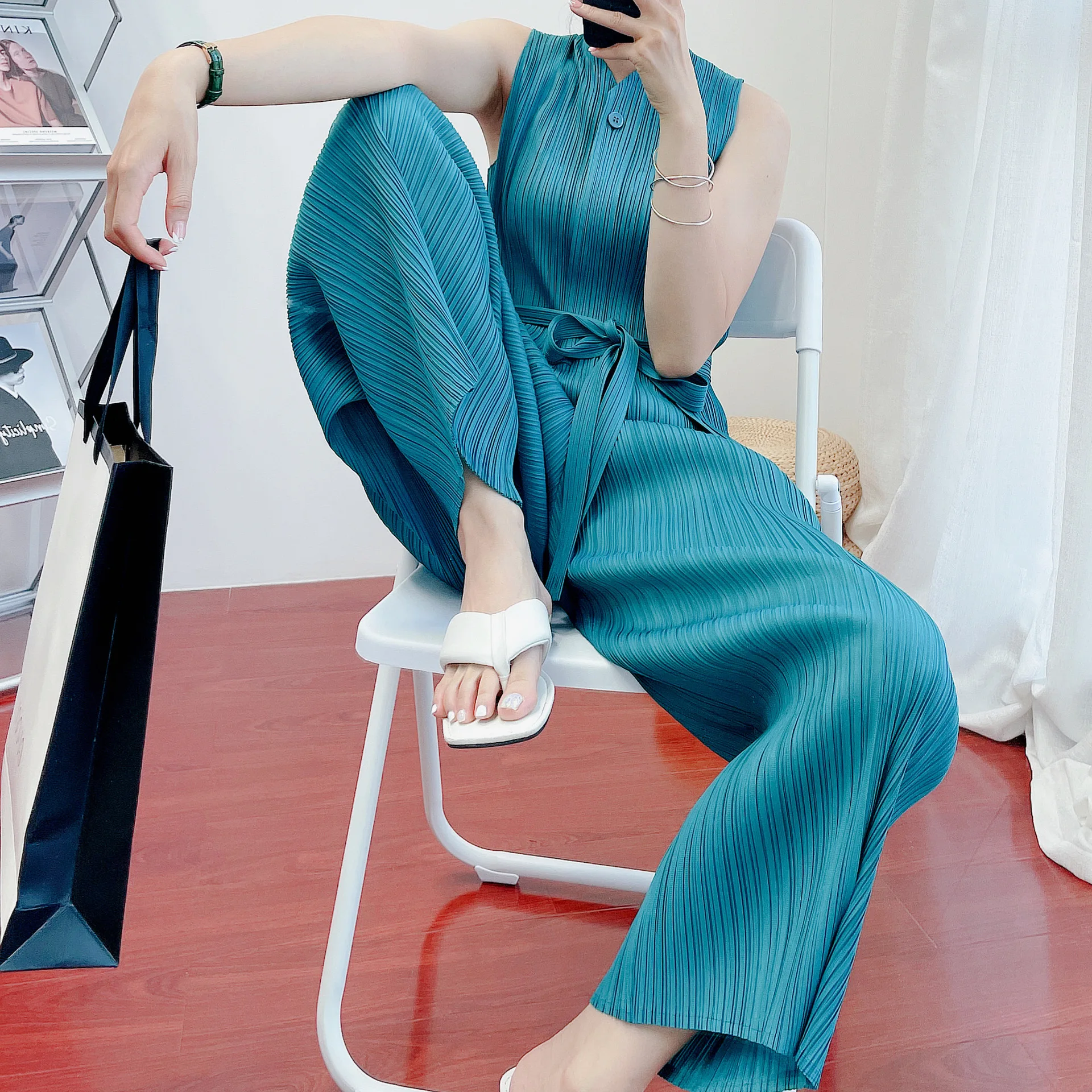 Miyake solid color wide leg jumpsuit women's pleated fashion casual high waist strappy jumpsuit summer