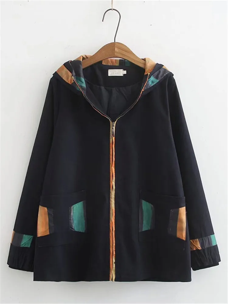 

Plus Size Clothing Spring And Autumn's Wear Long Sleeves Hooded Loose Jacket Zipper Digital Printing Large Size Casual Jacket