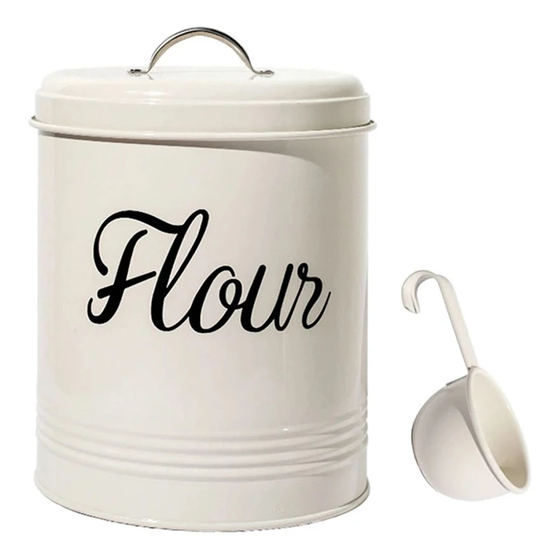 

New-White Metal Food Flour Storage Tin Jar 5L Container 5L With Airtight Lid, Durable
