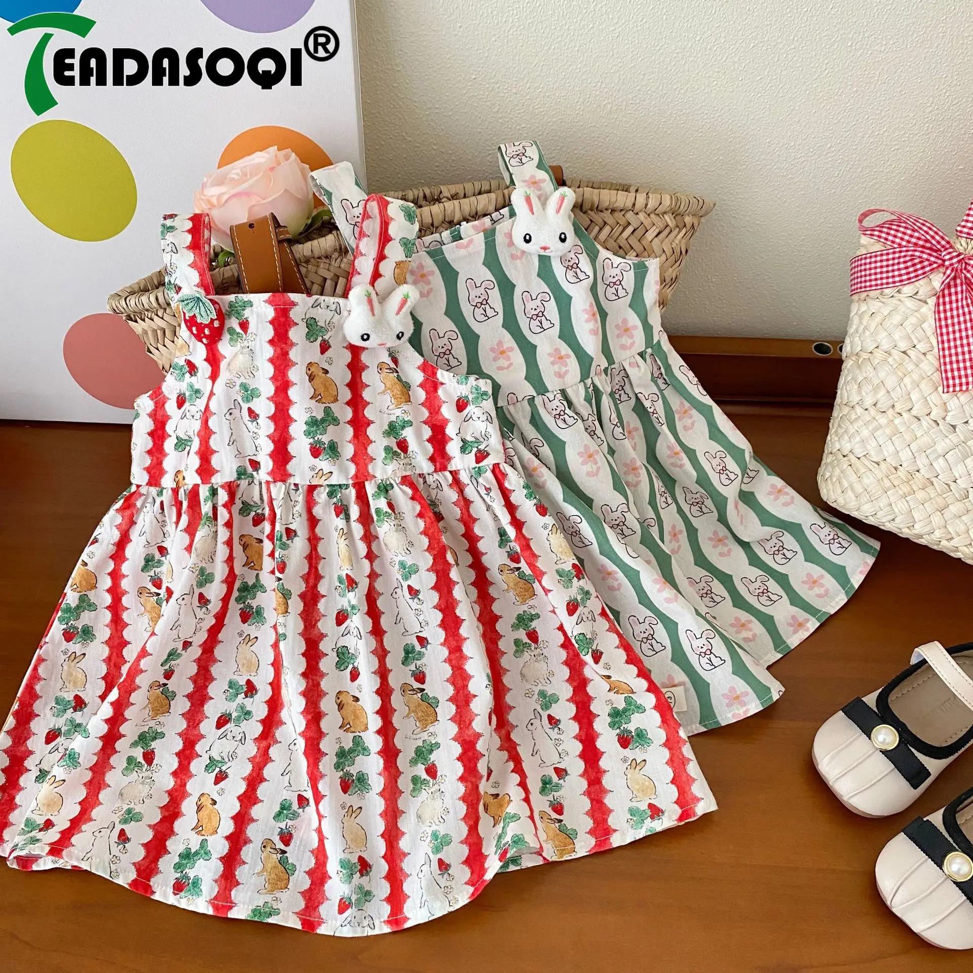 

2023 Summer New In 98% Cotton Clothes 0-6Y Kids Baby Girls Sling 3D Bunny Strawberry Knee-length Dresses Toddler Children