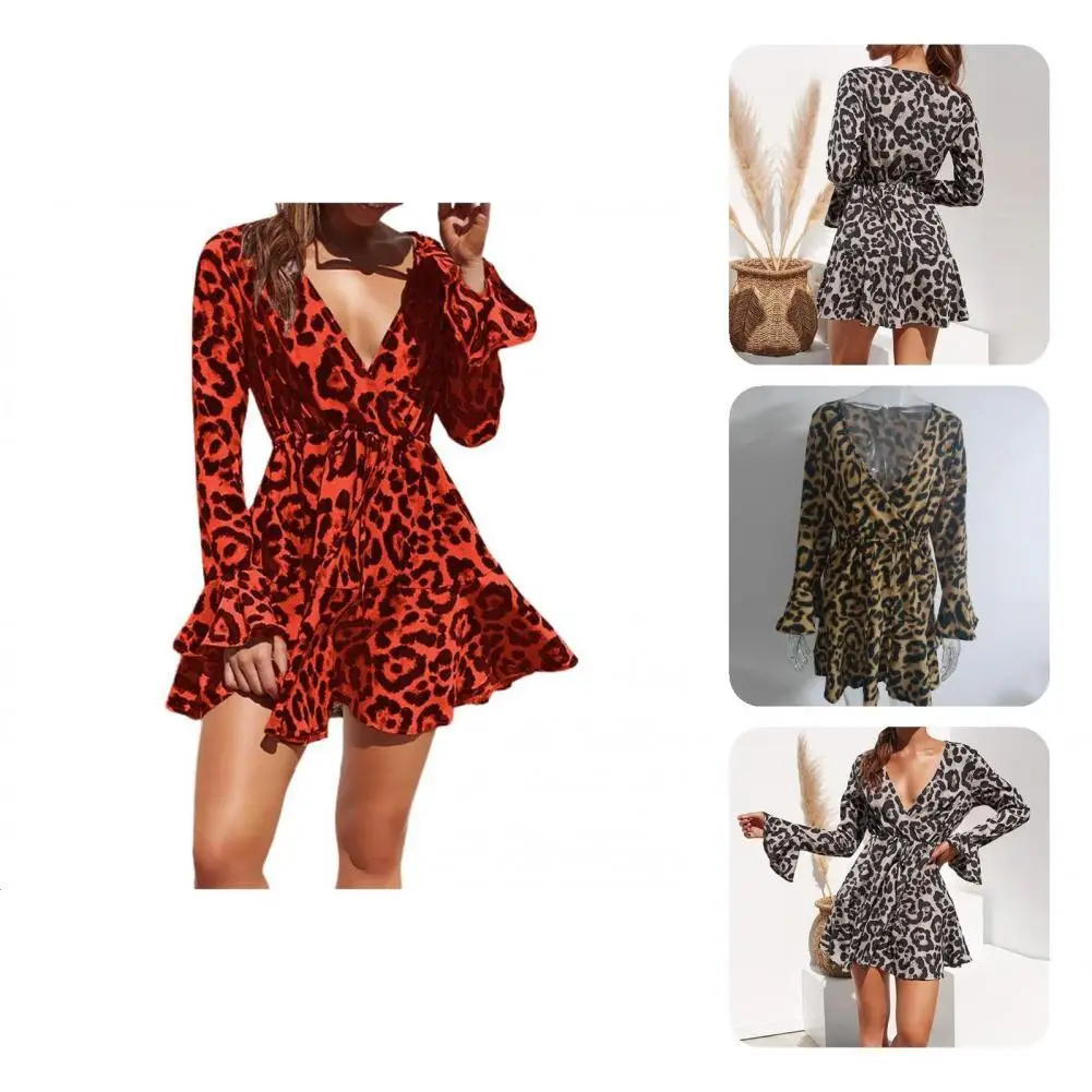 

Waist Tight Charming Sexy Leopard Print Mini Dress Comfy Women Dress Anti-pilling for Home