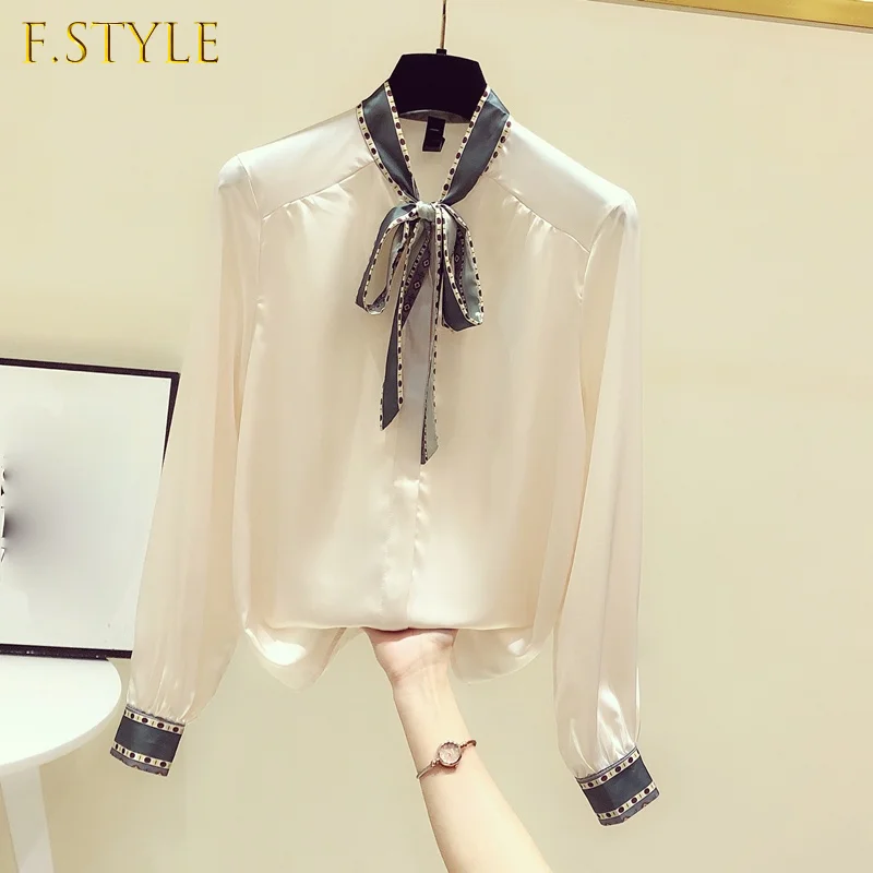 Bow Neck Chiffon White Women Shirts Summer New 2021 Lace Solid Long-Sleeved Elegant Office Lady Outwear Tops enlarge