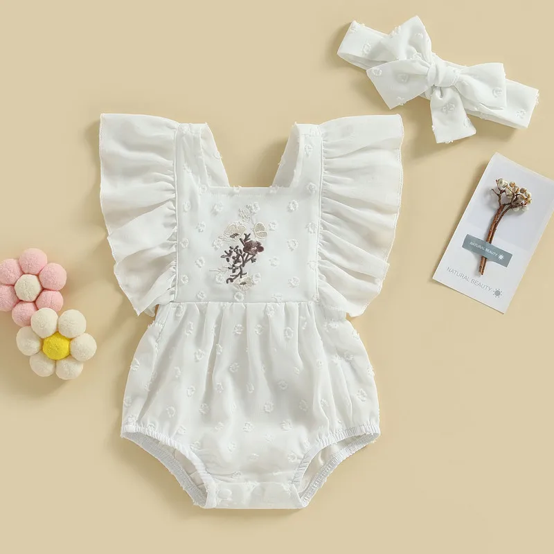 

Боди для новорожденных девочек, летняя одежда 2023, наряды, комбинезон с оборками на рукавах и цветочной вышивкой, комплект с повязкой на голову, детские товары
