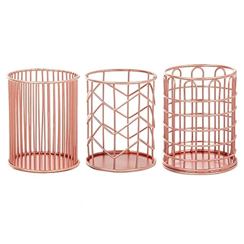 

3Pcs Stationery Storage Box Round Hollow Iron Pen Holder Creative Metal Pen Holder Desktop Mini Storage Basket,Rose Gold