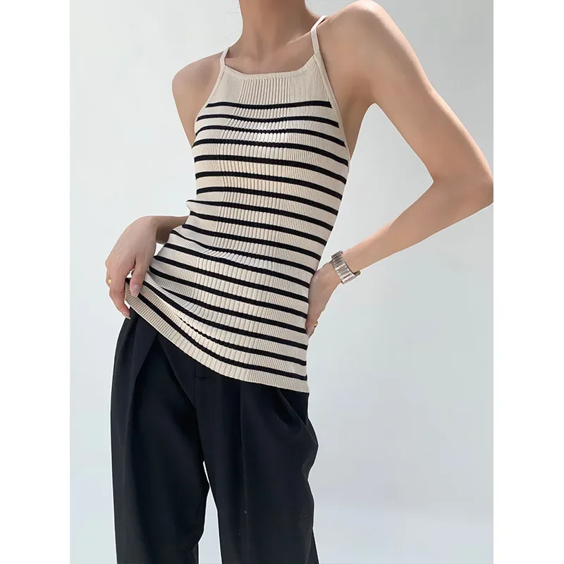 2024 весна-лето новый стиль разумная модная майка женская полосатая с открытой