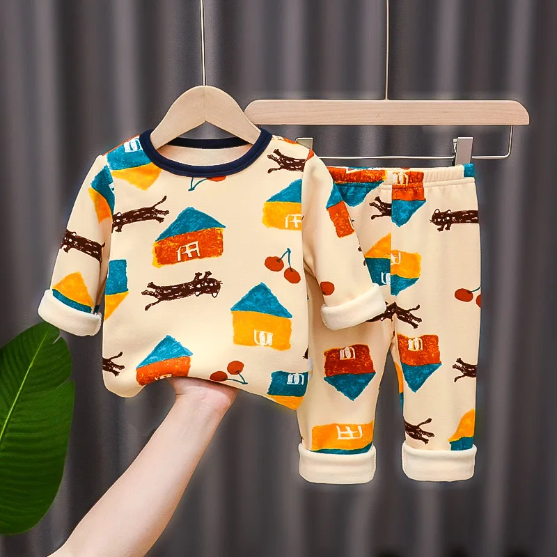 

Зимний флисовый утепленный комплект нижнего белья для мальчиков и девочек, милый термо-Пижама для малышей, комплект детской повседневной д...