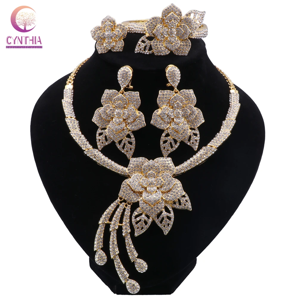 

CYNTHIA African Gold Color Jewelry Sets Flower Necklace Bracelet Earrings Ring Party Elegant Women Luxury Jewelry Birthday Gift